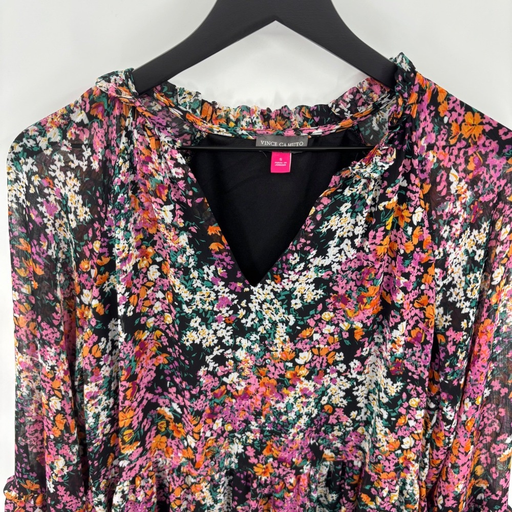 Vince Camuto Floral Tiered Dress Small‎ Ruffle Neck Long Sleeve Boho Cottagecore - Picture 8 of 15
